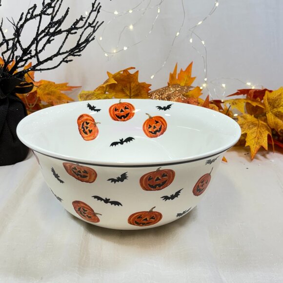 Halloween Maxcera JAck O Lantern Pumpkin & Bat Bowl 12" Ceramic Candy Bowl 12" - Picture 1 of 6